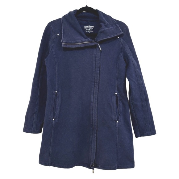 Neon Buddha Navy Blue Asymmetrical Full Zip Sweatshirt Jacket Women S Athleisure - Picture 1 of 16
